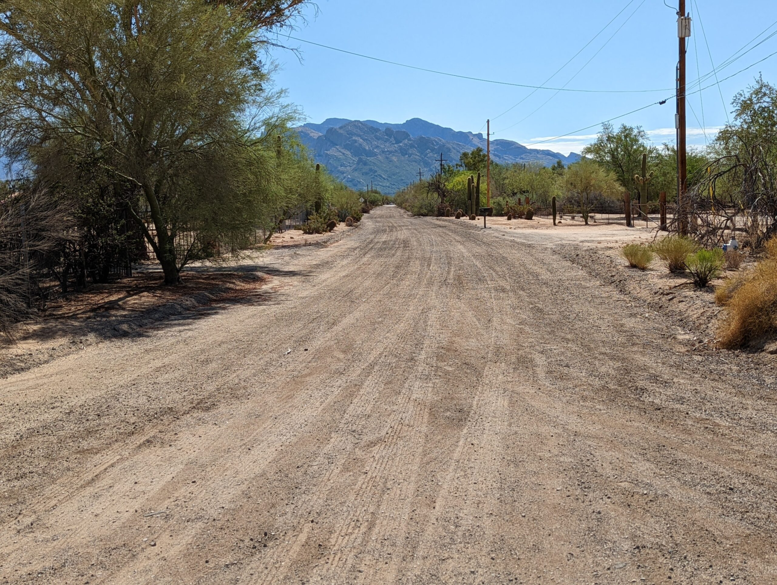 Desert road through Ironwood Acres with the Santa Catalina Mountains, Tucson AZ 85742
